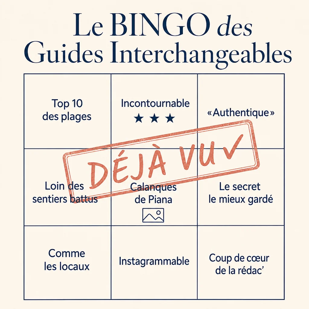 Le Bingo des Guides Interchangeables - Déjà vu : Top 10 des plages, Incontournable, Authentique, Loin des sentiers battus, Calanques de Piana, Le secret le mieux gardé