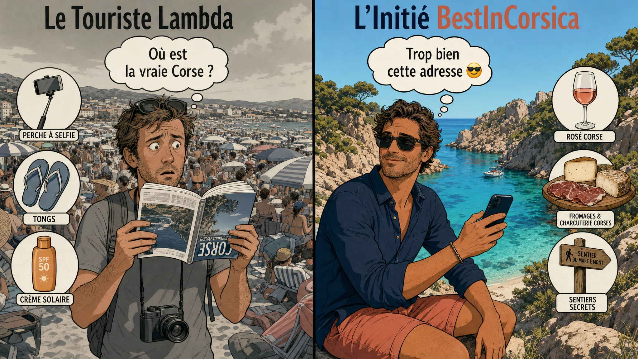 Le Touriste Lambda vs L'Initié BestInCorsica - Comparaison humoristique entre le touriste classique avec perche à selfie et guide périmé, et l'initié BestInCorsica avec rosé corse, fromages et sentiers secrets