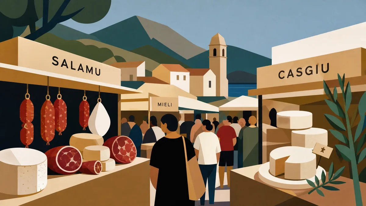 Au cœur d’une foire corse, un berger présente fièrement ses moutons et ses fromages du terroir.