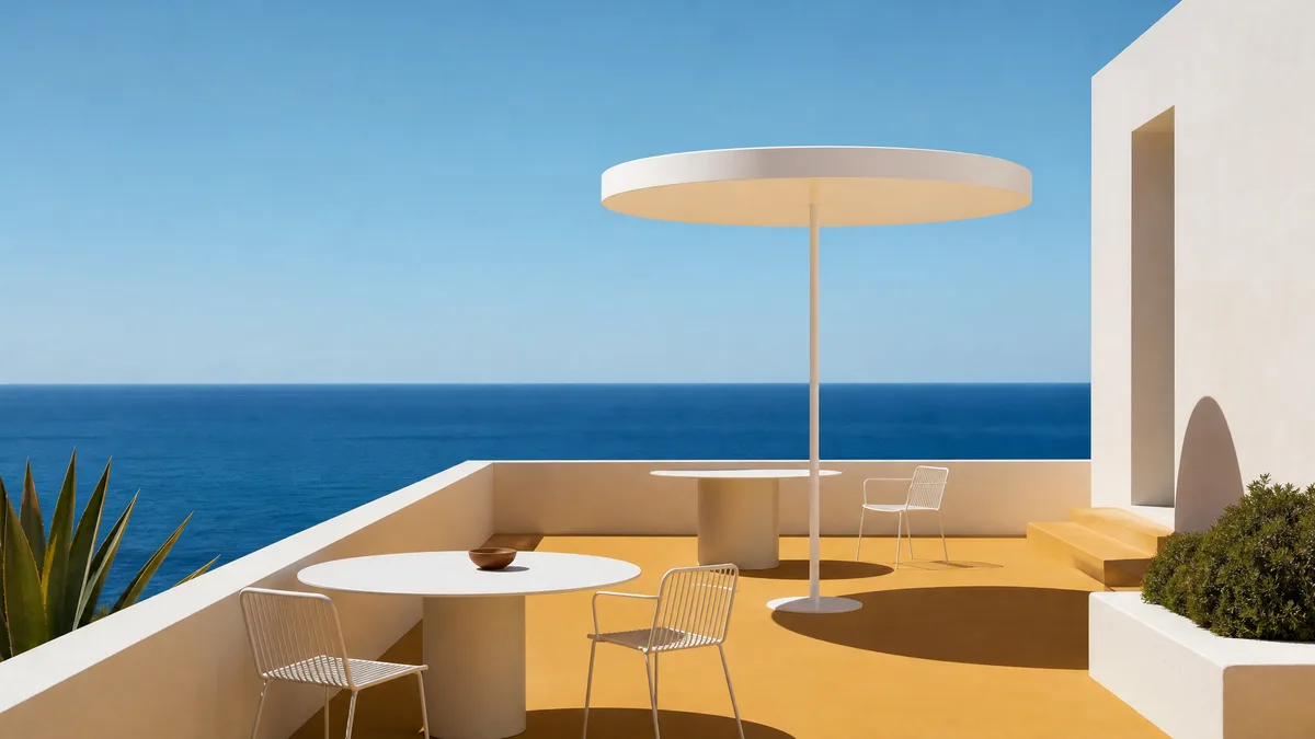 Un serveur s’affaire à dresser les tables sur la terrasse d’un restaurant corse.