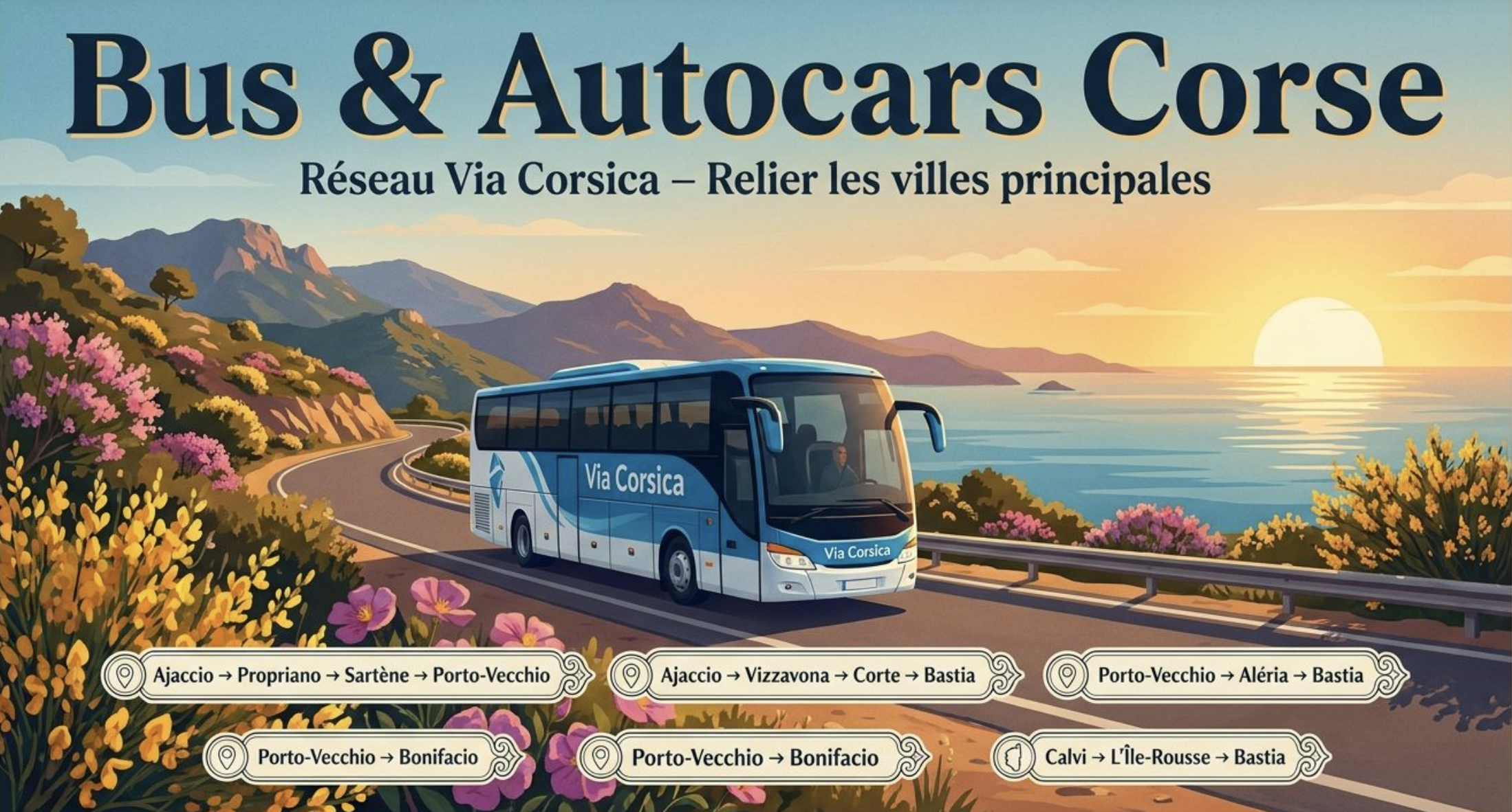 Bus et autocars Via Corsica reliant les villes principales de Corse