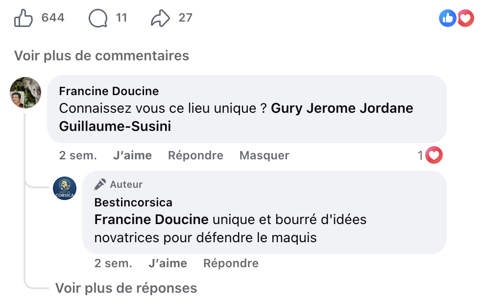 644 j aime, 11 commentaires et 27 partages sur la publication Facebook