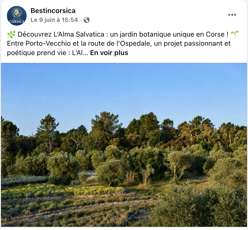 Publication Facebook BestInCorsica présentant L Alma Salvatica, jardin botanique sur la route de l Ospedale
