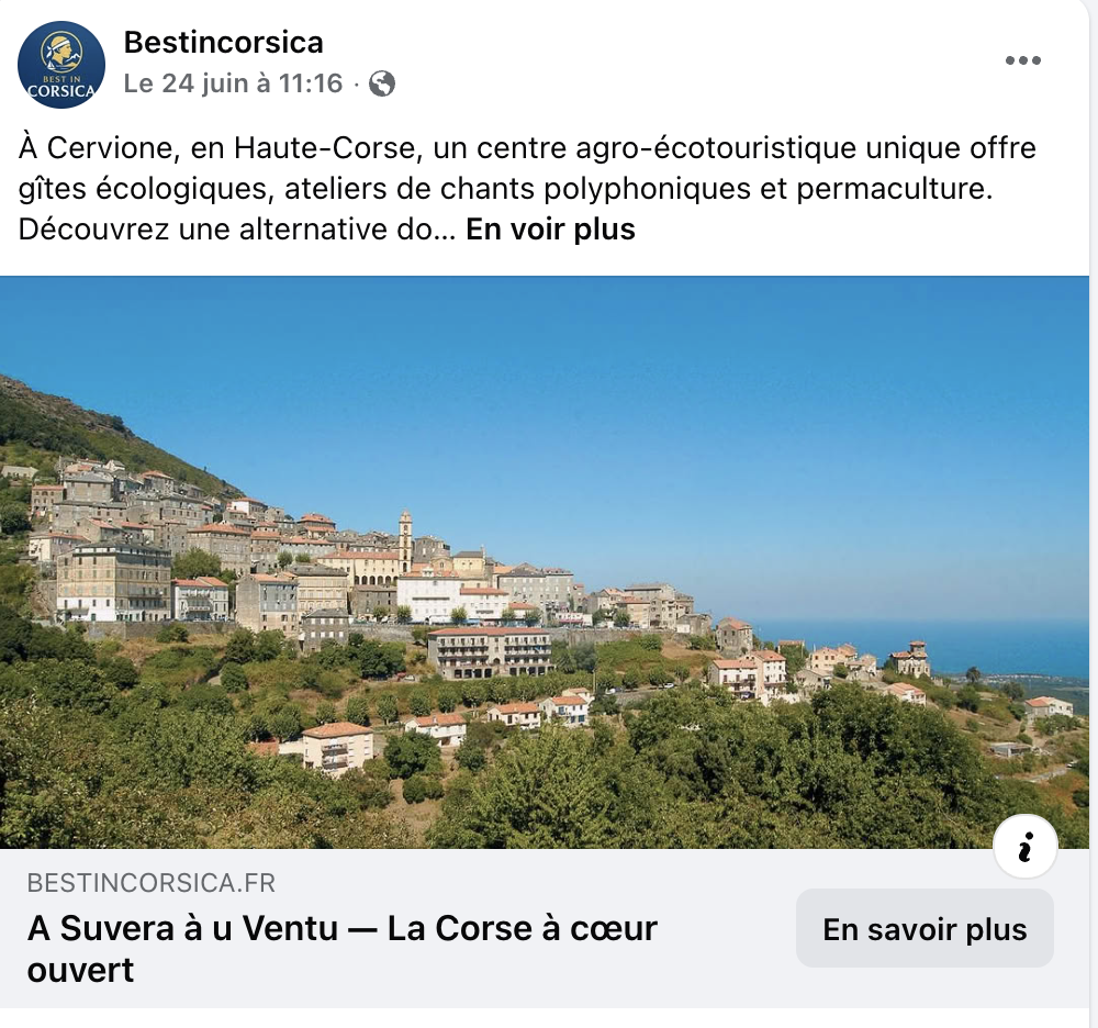 Publication Facebook BestInCorsica présentant A Suvera à u Ventu, centre agro-écotouristique à Cervione