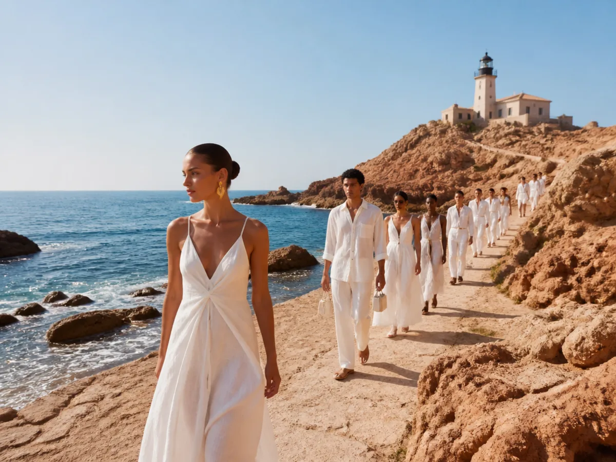 Mannequins en blanc défilant sur le sentier côtier face à la Méditerranée, phare de la Pietra en arrière-plan