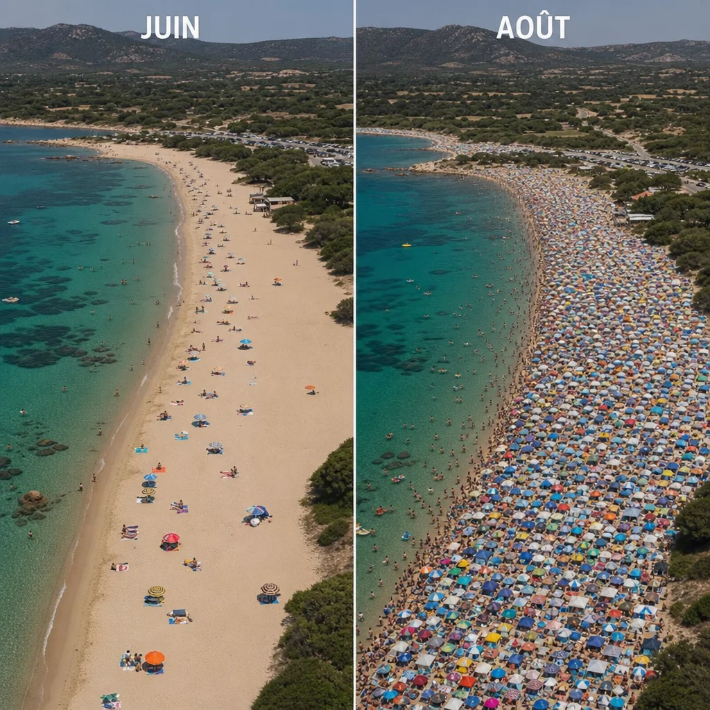 Vue aérienne comparant une plage corse calme en juin et bondée en août