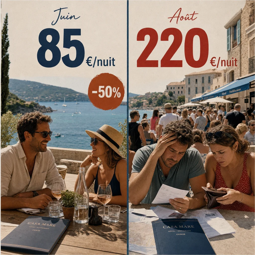 Comparaison prix hébergement Corse : 85€ par nuit en juin contre 220€ en août, soit -50%