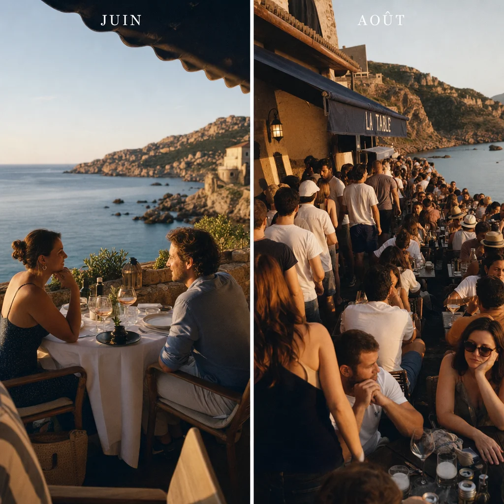 Comparaison restaurant en Corse : dîner romantique en terrasse en juin contre foule bondée en août