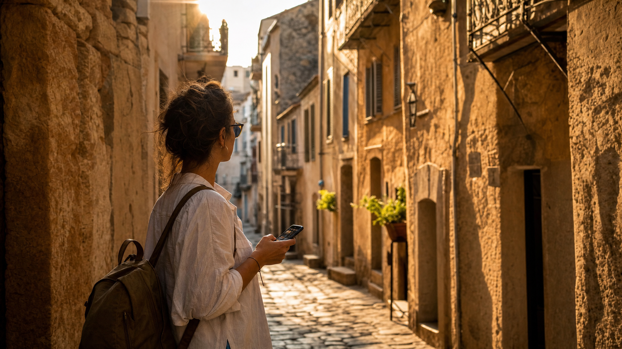 Visiteuse explorant une ruelle pavée d une vieille ville corse smartphone en main avec l application Memento